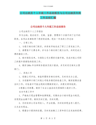 公司出纳员个人年底工作总结报告与公司出纳员年终工作总结汇编