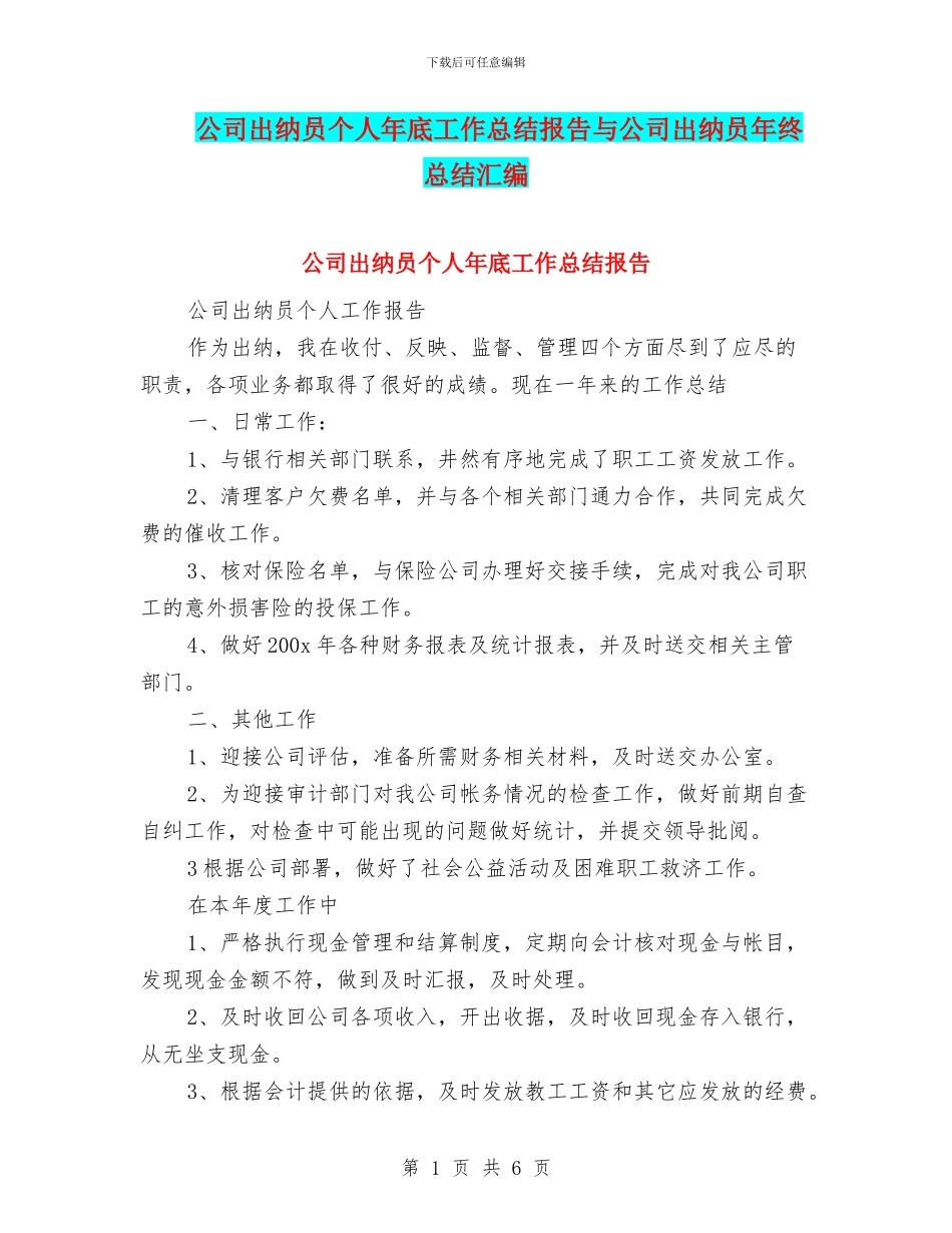 公司出纳员个人年底工作总结报告与公司出纳员年终总结汇编_第1页
