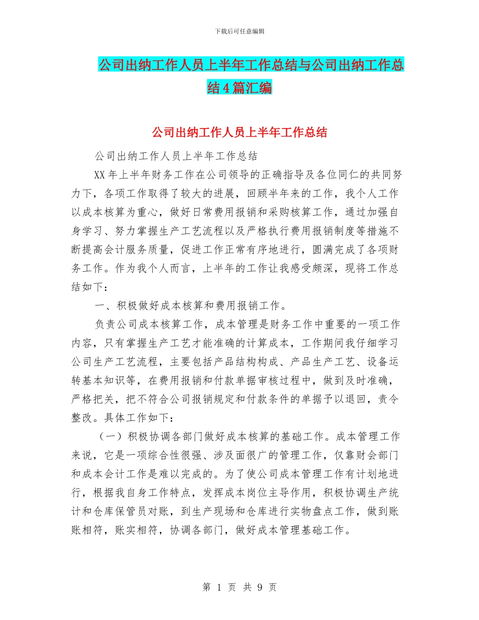 公司出纳工作人员上半年工作总结与公司出纳工作总结4篇汇编_第1页