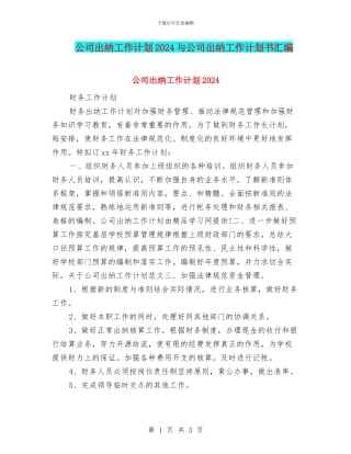 公司出纳工作计划2024与公司出纳工作计划书汇编