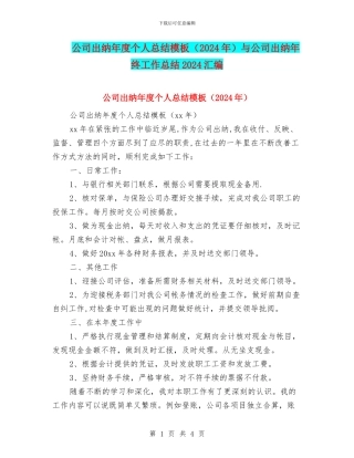 公司出纳年度个人总结模板与公司出纳年终工作总结2024汇编