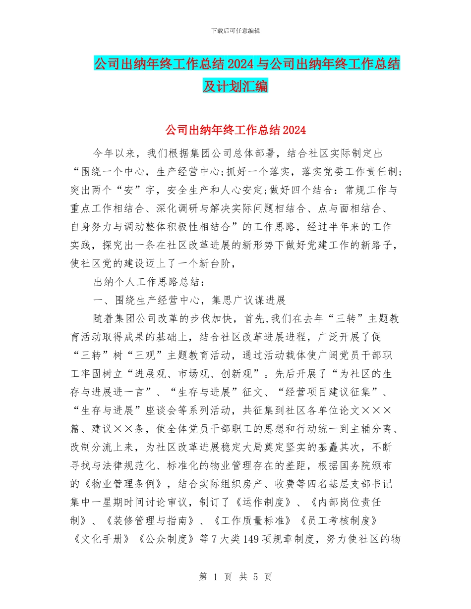 公司出纳年终工作总结2024与公司出纳年终工作总结及计划汇编_第1页