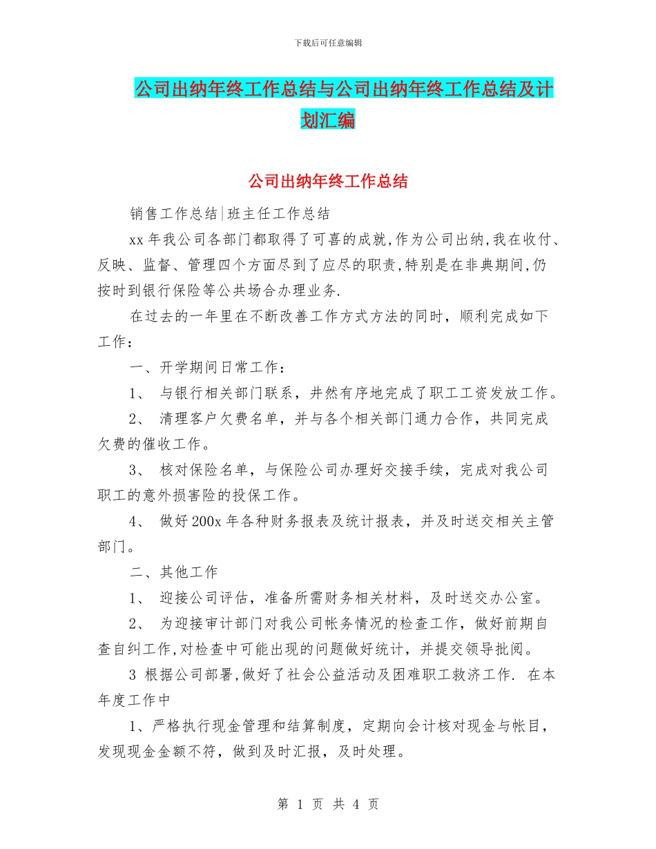 公司出纳年终工作总结与公司出纳年终工作总结及计划汇编_第1页
