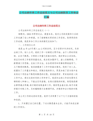 公司出纳年终工作总结范文与公司出纳职员工作体会汇编
