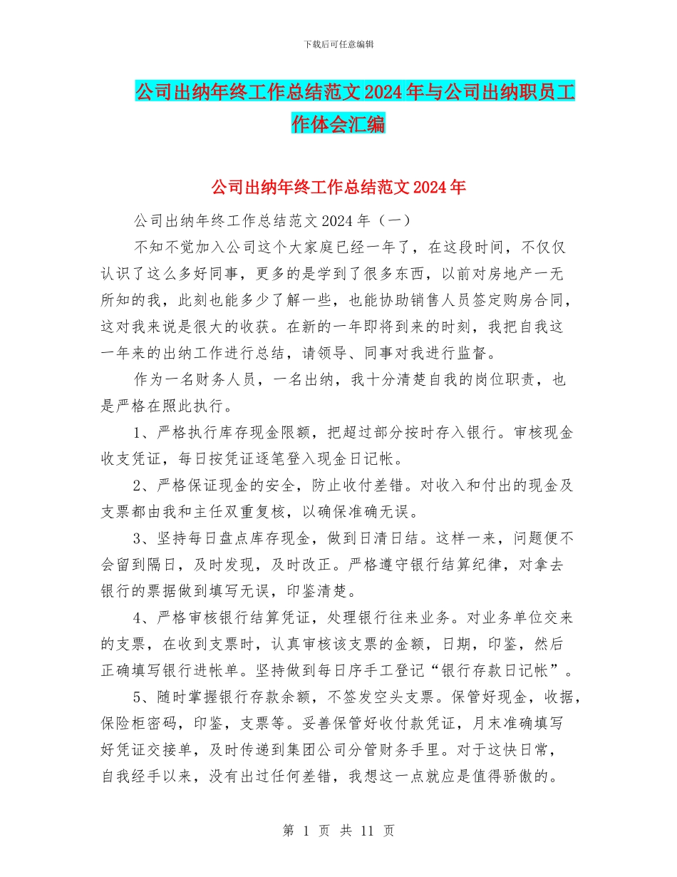 公司出纳年终工作总结范文2024年与公司出纳职员工作体会汇编_第1页