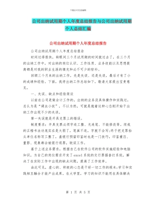 公司出纳试用期个人年度总结报告与公司出纳试用期个人总结汇编