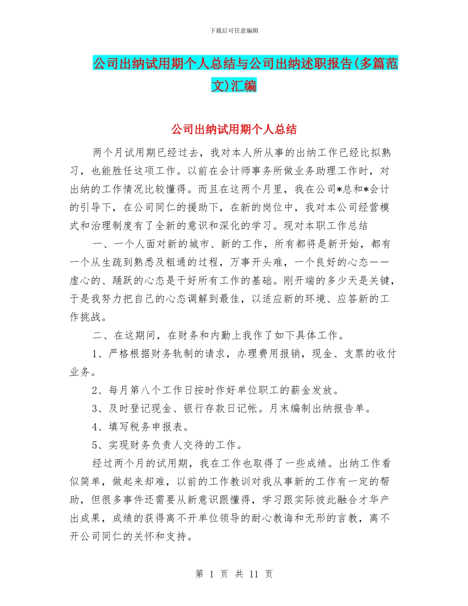 公司出纳试用期个人总结与公司出纳述职报告汇编_第1页