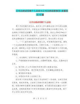 公司出纳试用期个人总结与公司出纳述职报告汇编