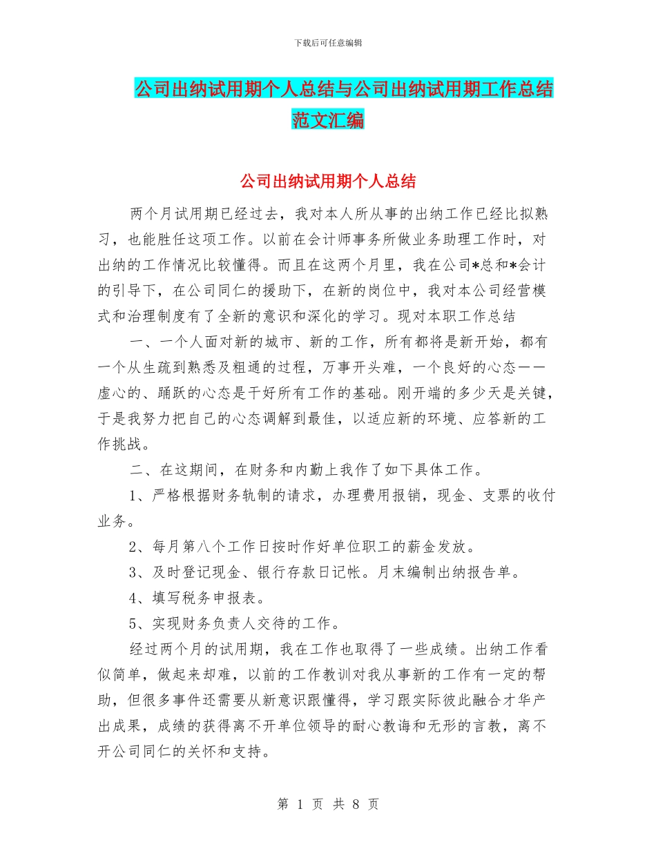 公司出纳试用期个人总结与公司出纳试用期工作总结范文汇编_第1页