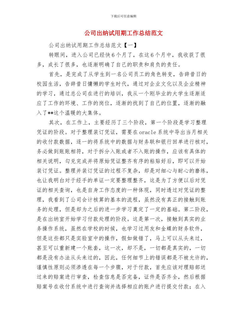 公司出纳试用期个人总结与公司出纳试用期工作总结范文汇编_第3页
