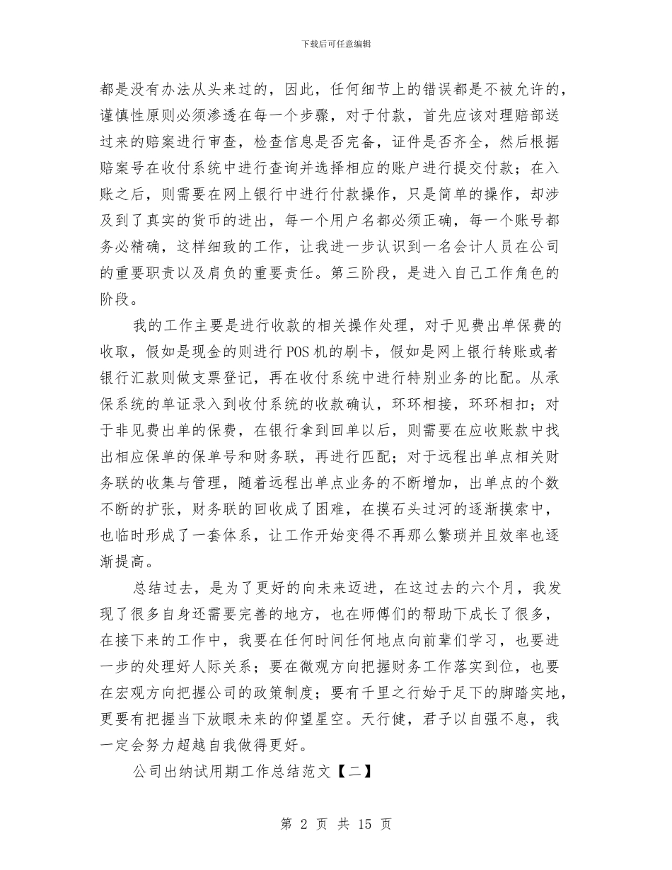 公司出纳试用期工作总结范文与公司出纳述职报告汇编_第2页