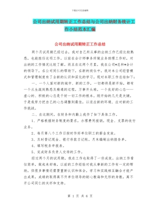 公司出纳试用期转正工作总结与公司出纳财务统计工作小结范本汇编