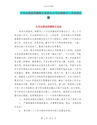 公司出纳试用期转正总结与公司出纳转正工作总结汇编