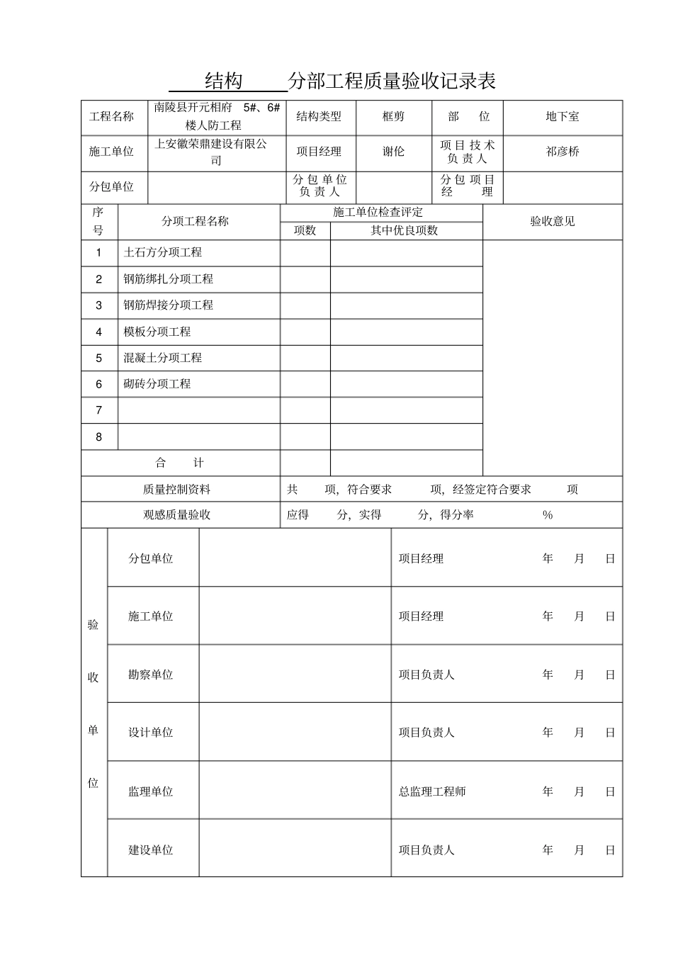 人防分部工程质量验收记录表_第1页