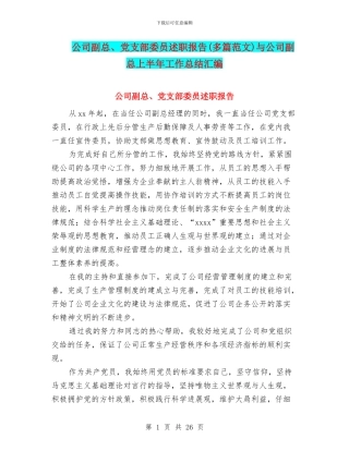 公司副总、党支部委员述职报告与公司副总上半年工作总结汇编