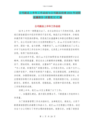 公司副总上半年工作总结与公司副总经理2024年述职述廉报告汇编