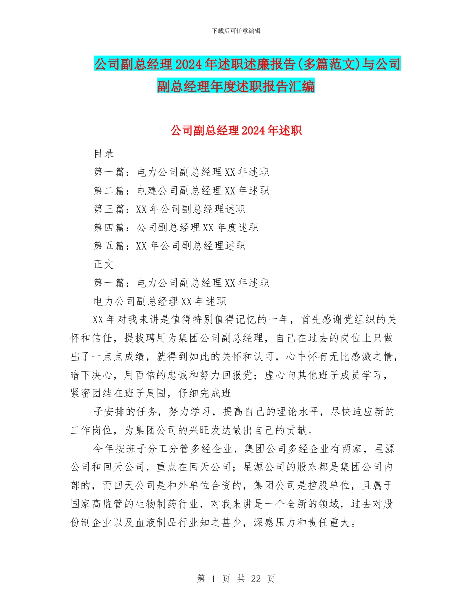 公司副总经理2024年述职述廉报告与公司副总经理年度述职报告汇编_第1页