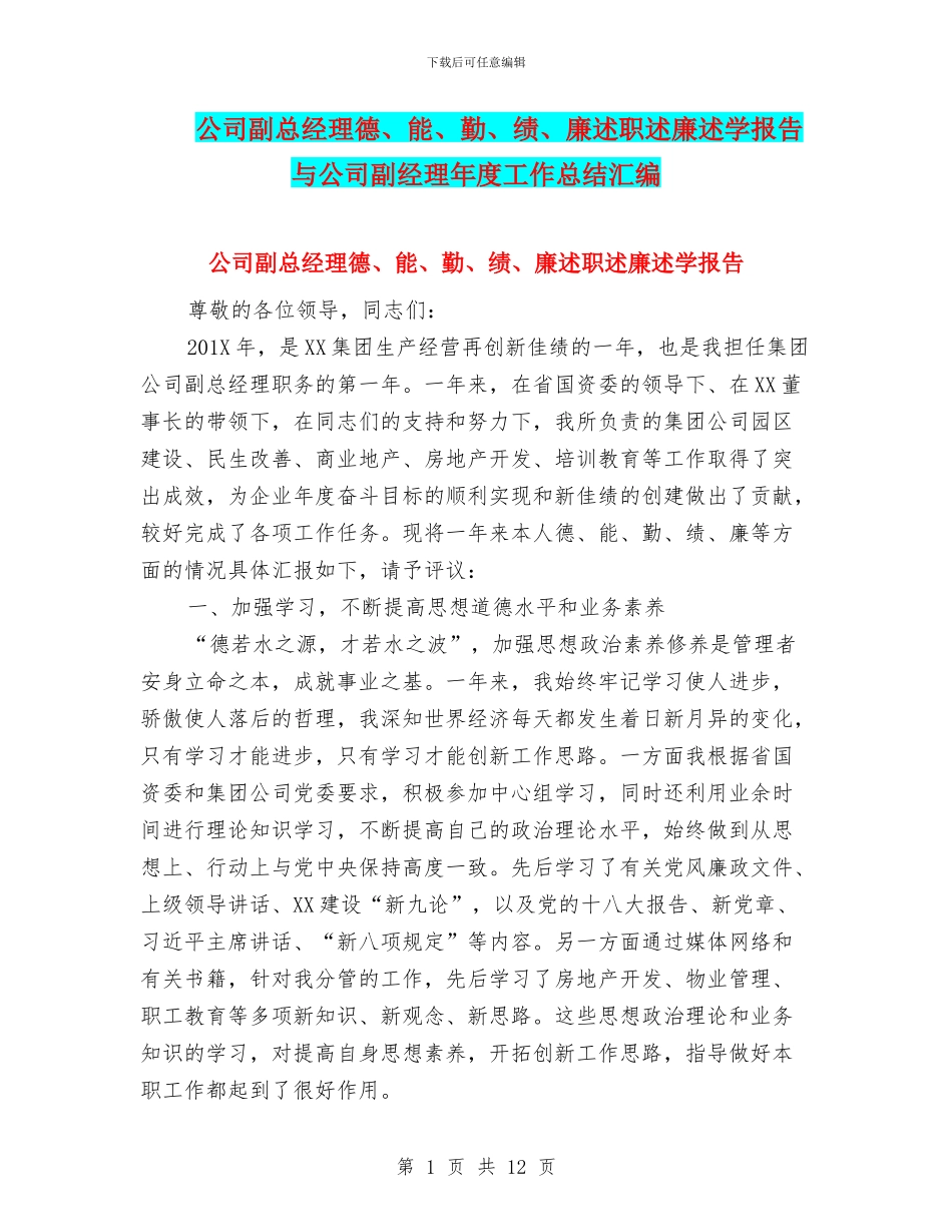 公司副总经理德、能、勤、绩、廉述职述廉述学报告与公司副经理年度工作总结汇编_第1页