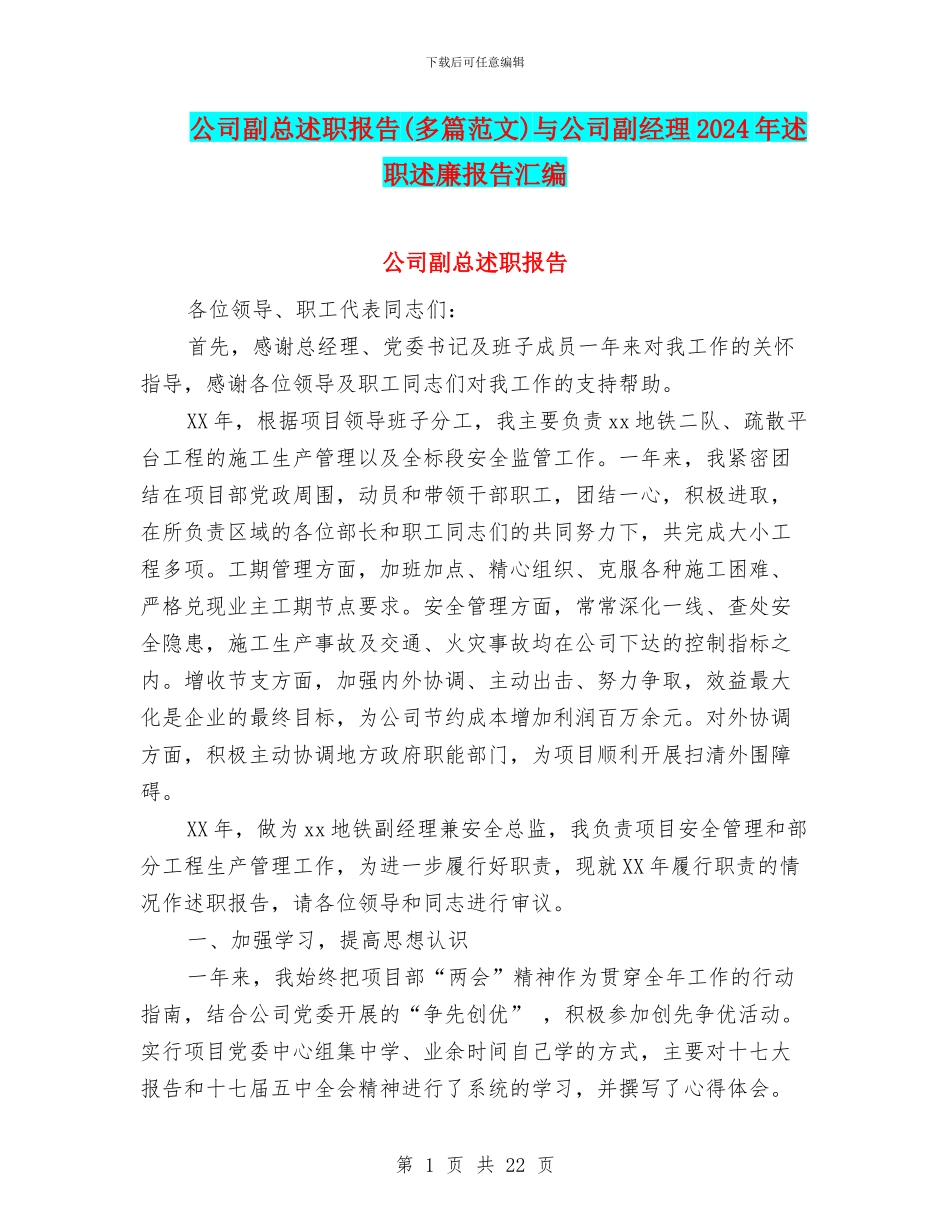 公司副总述职报告与公司副经理2024年述职述廉报告汇编_第1页