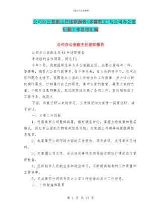 公司办公室副主任述职报告与公司办公室后勤工作总结汇编