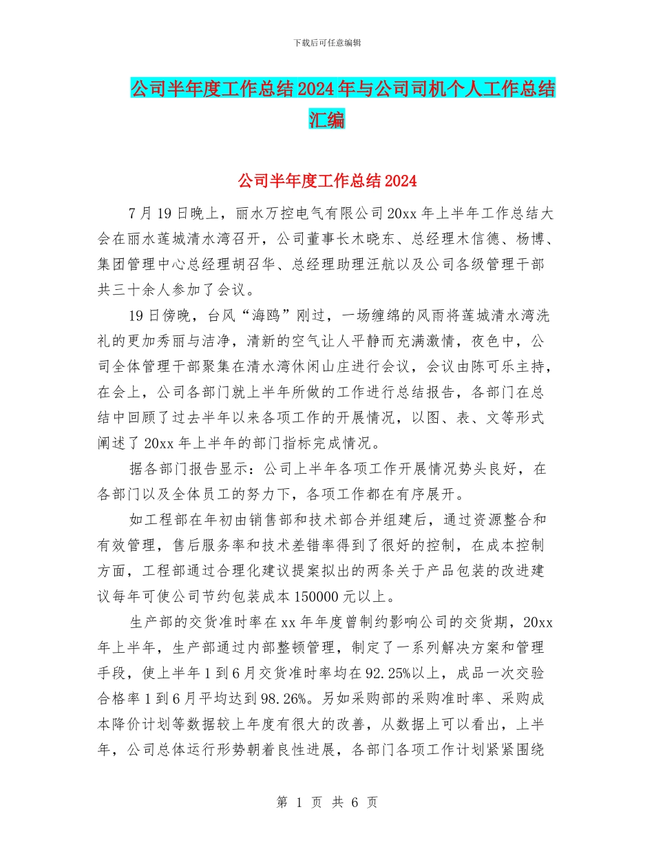 公司半年度工作总结2024年与公司司机个人工作总结汇编_第1页