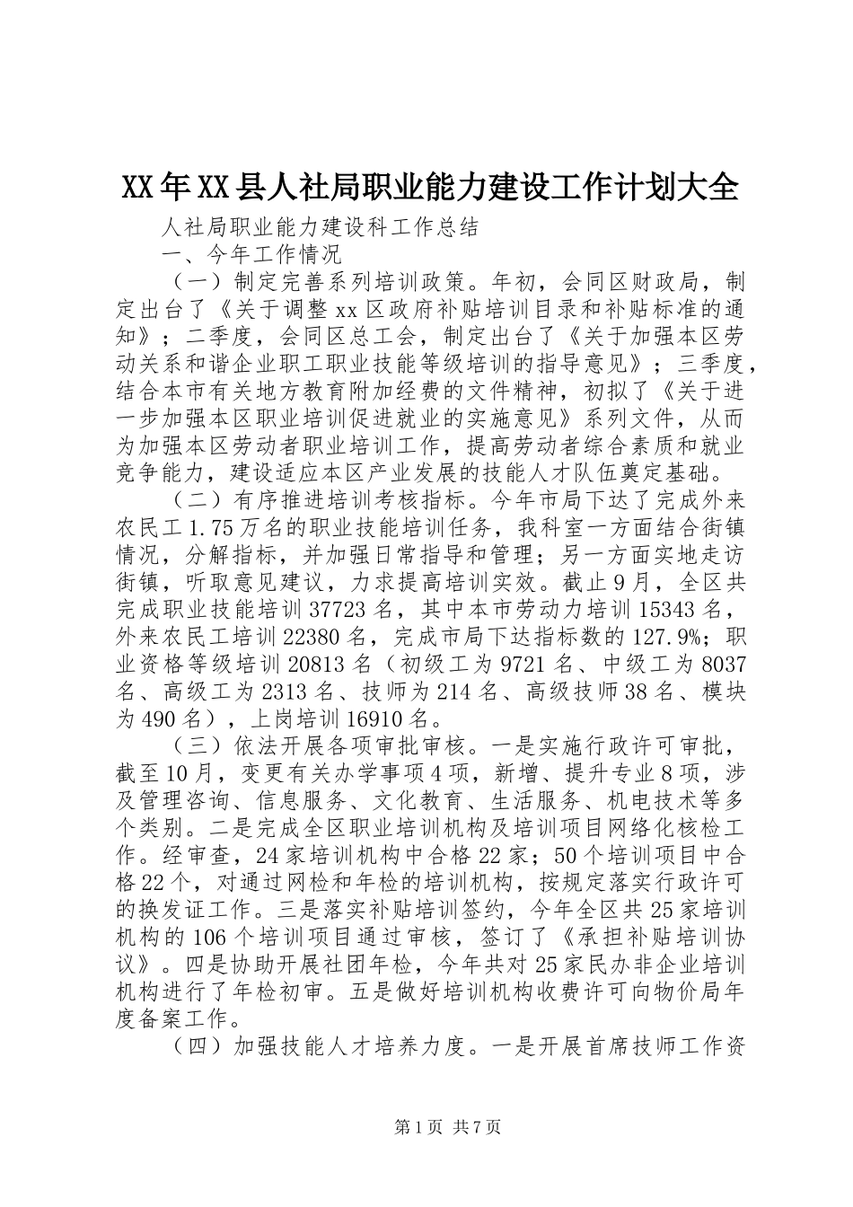 XX年XX县人社局职业能力建设工作计划大全 _第1页