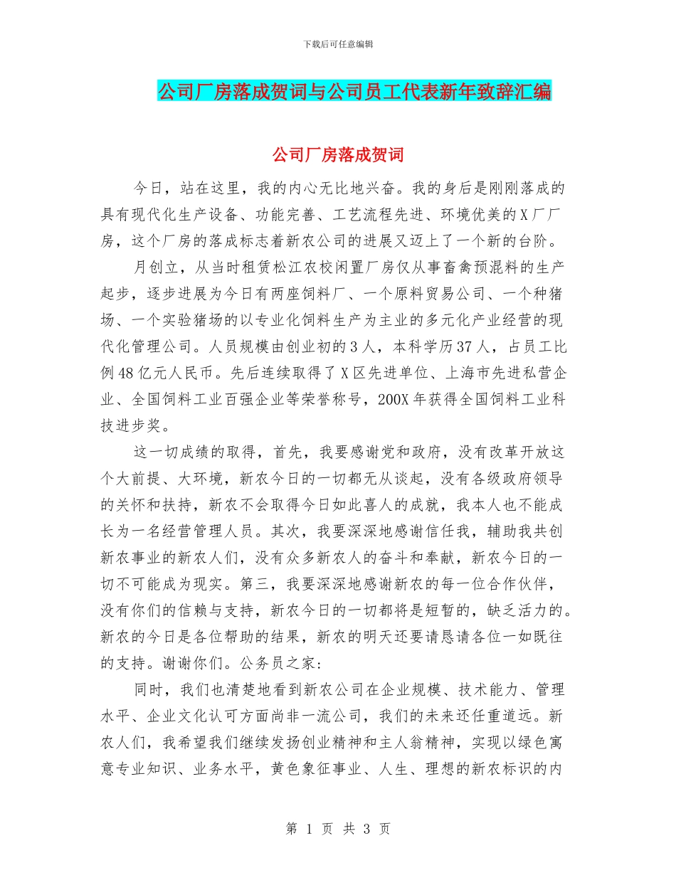 公司厂房落成贺词与公司员工代表新年致辞汇编_第1页