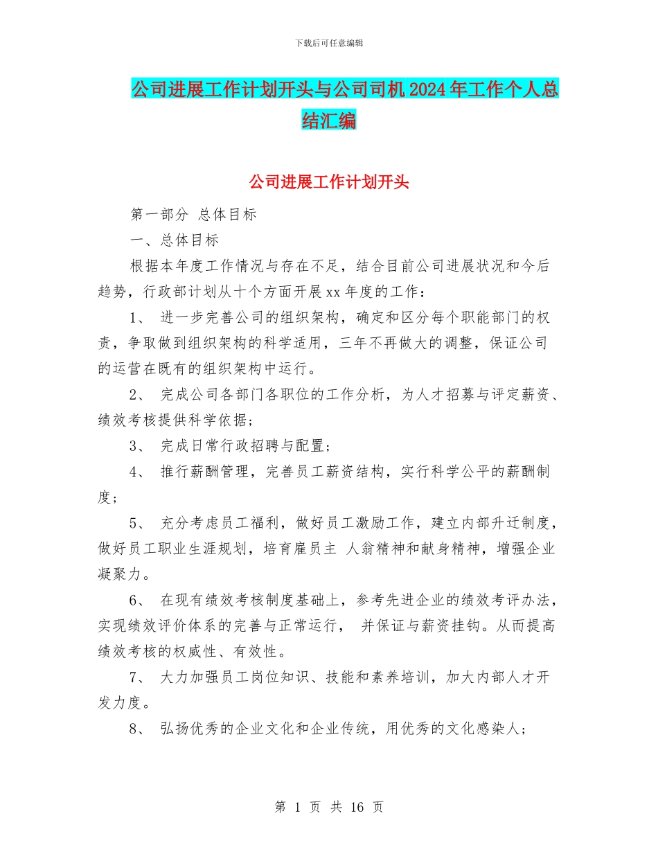 公司发展工作计划开头与公司司机2024年工作个人总结汇编_第1页