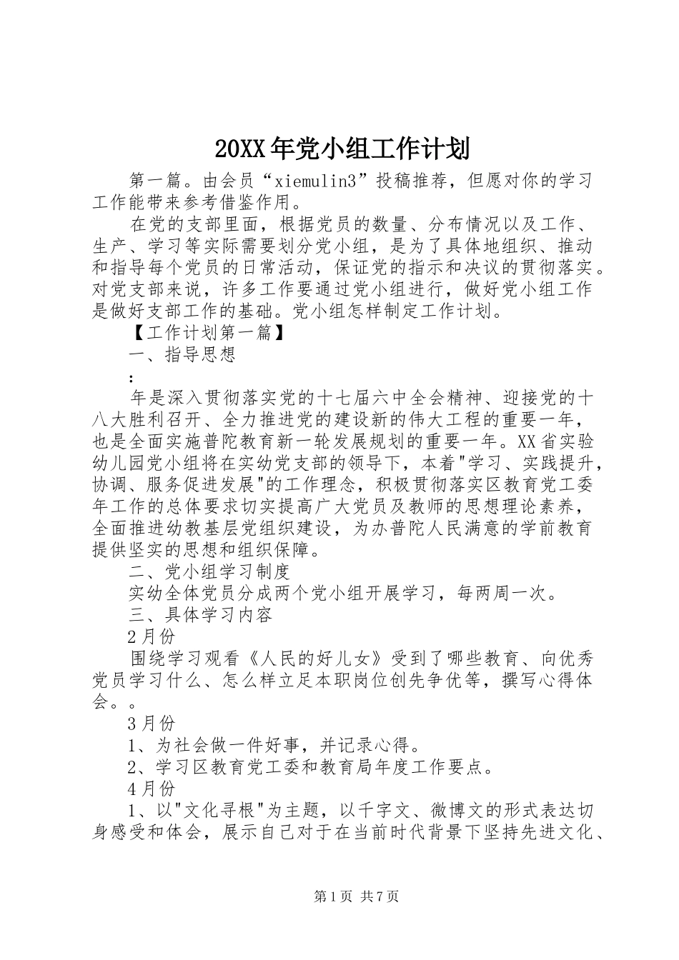 20XX年党小组工作计划_第1页
