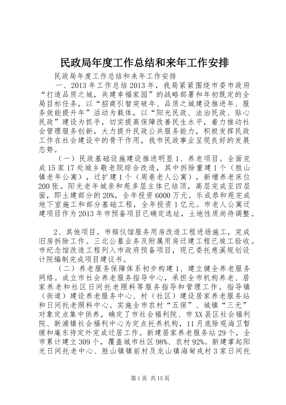 民政局年度工作总结和来年工作安排 _第1页