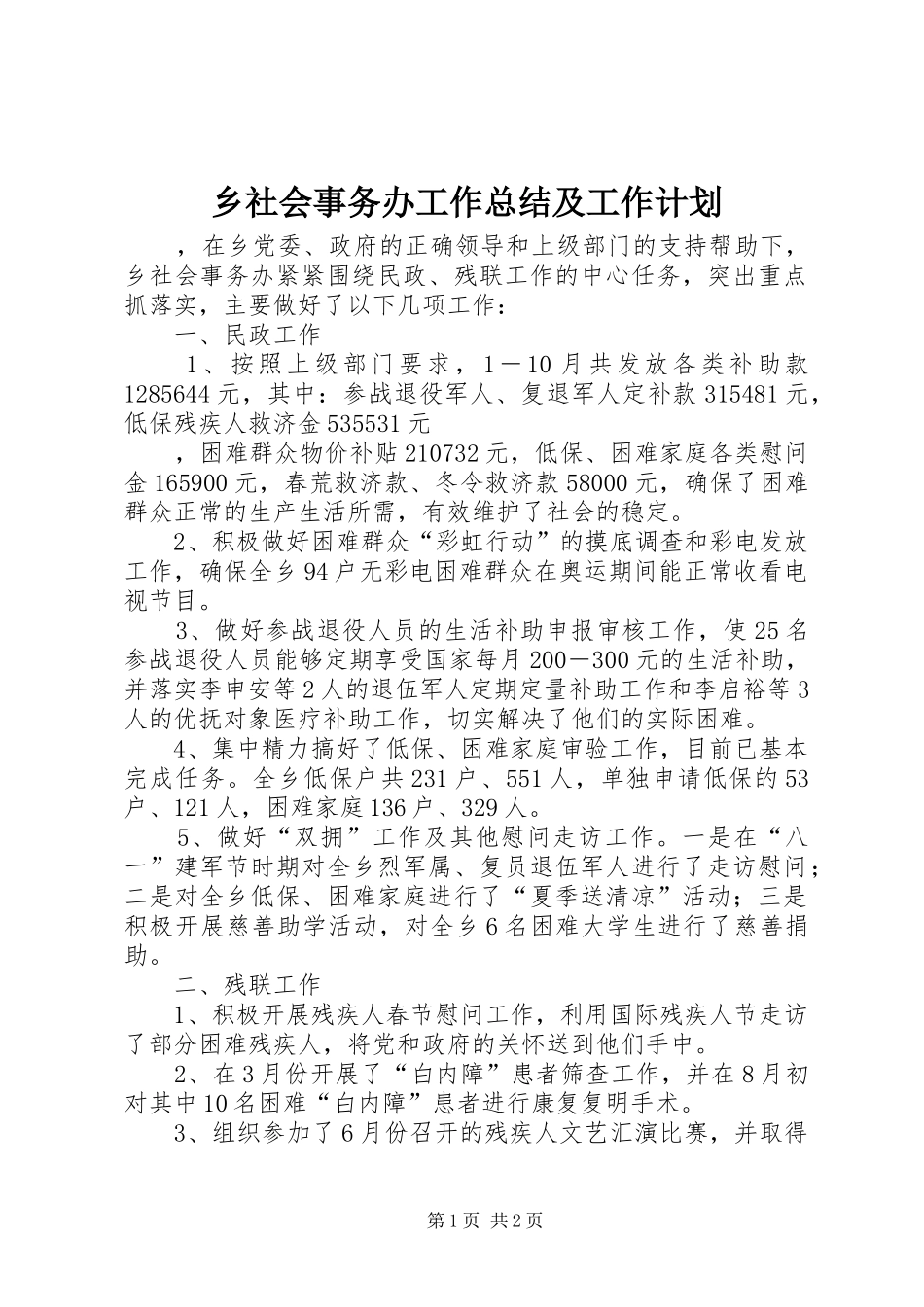 乡社会事务办工作总结及工作计划 _第1页