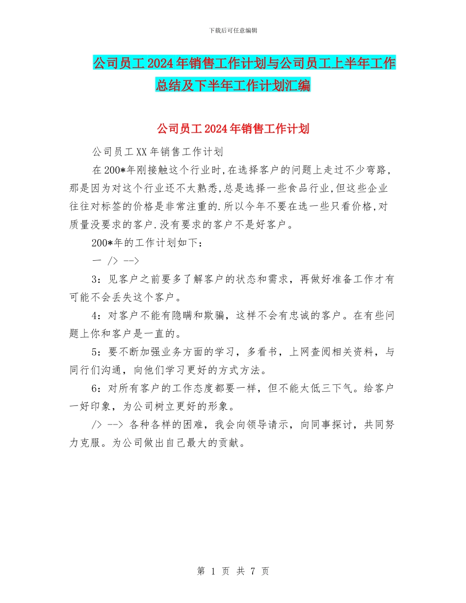 公司员工2024年销售工作计划与公司员工上半年工作总结及下半年工作计划汇编_第1页