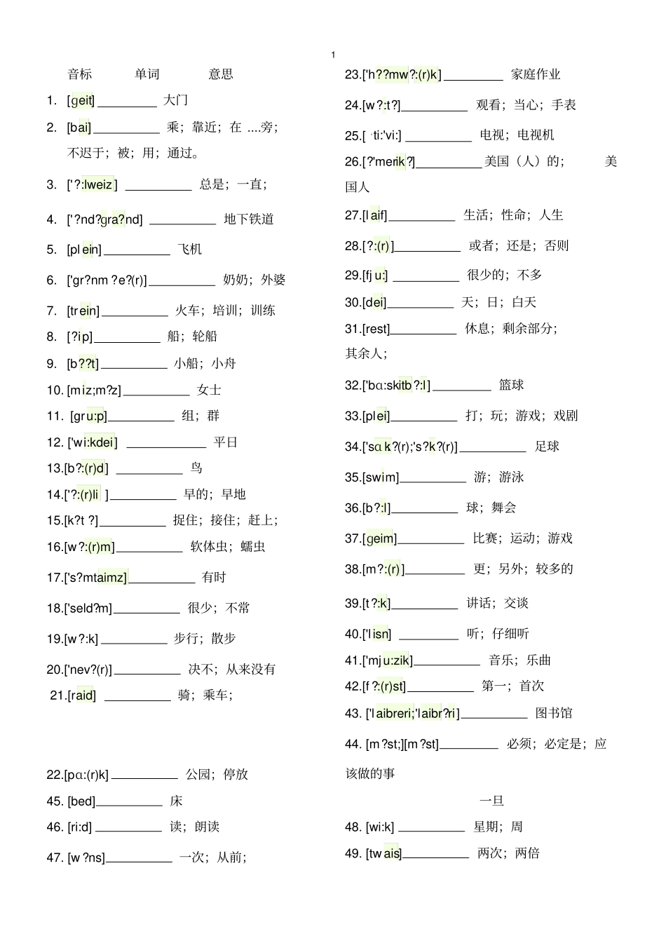 仁爱初一下册单词带音标讲解_第1页