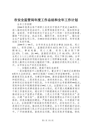 市安全监管局年度工作总结和全年工作计划 
