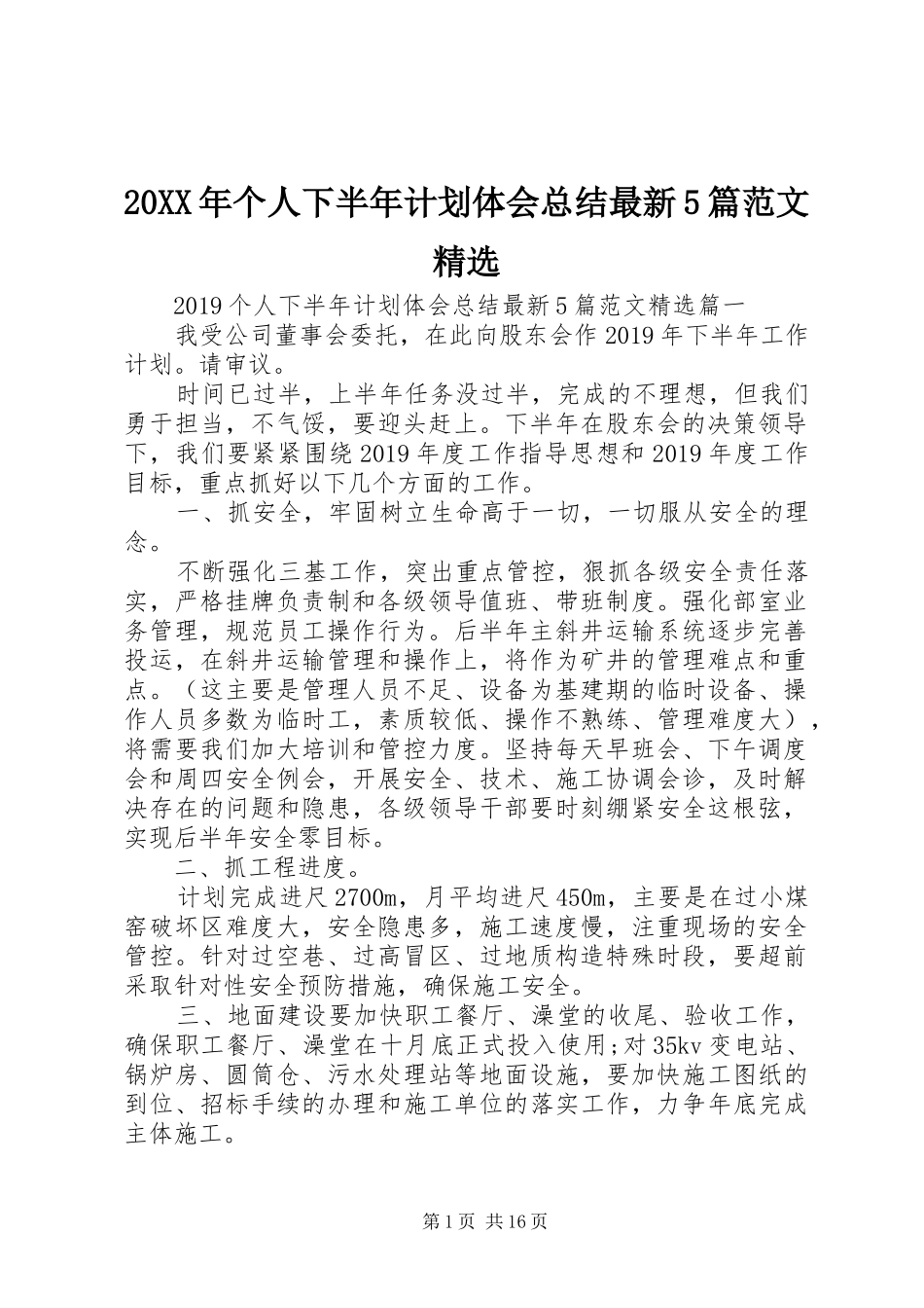 20XX年个人下半年计划体会总结最新5篇范文精选_第1页