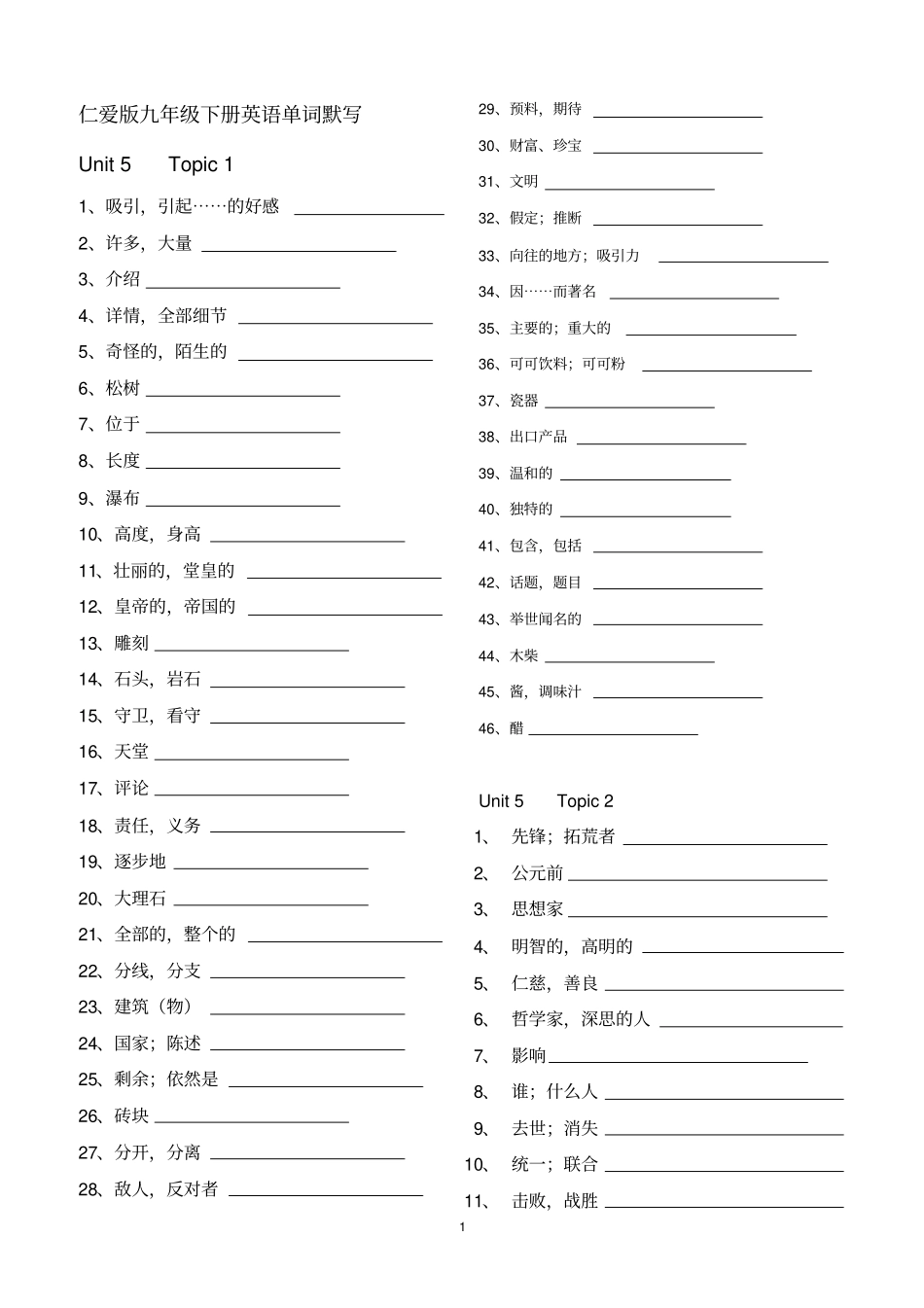 仁爱版九年级下册英语单词默写_第1页