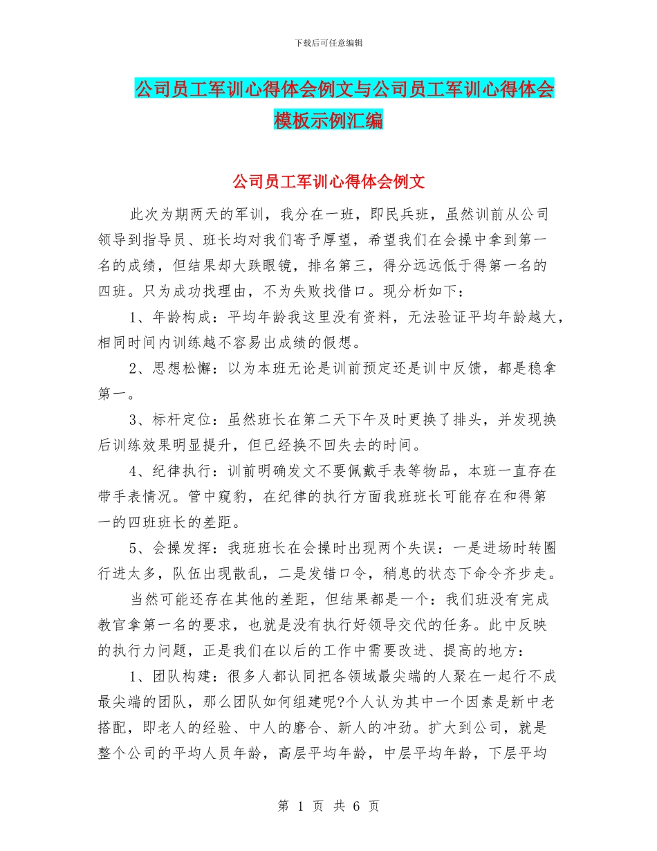 公司员工军训心得体会例文与公司员工军训心得体会模板示例汇编_第1页