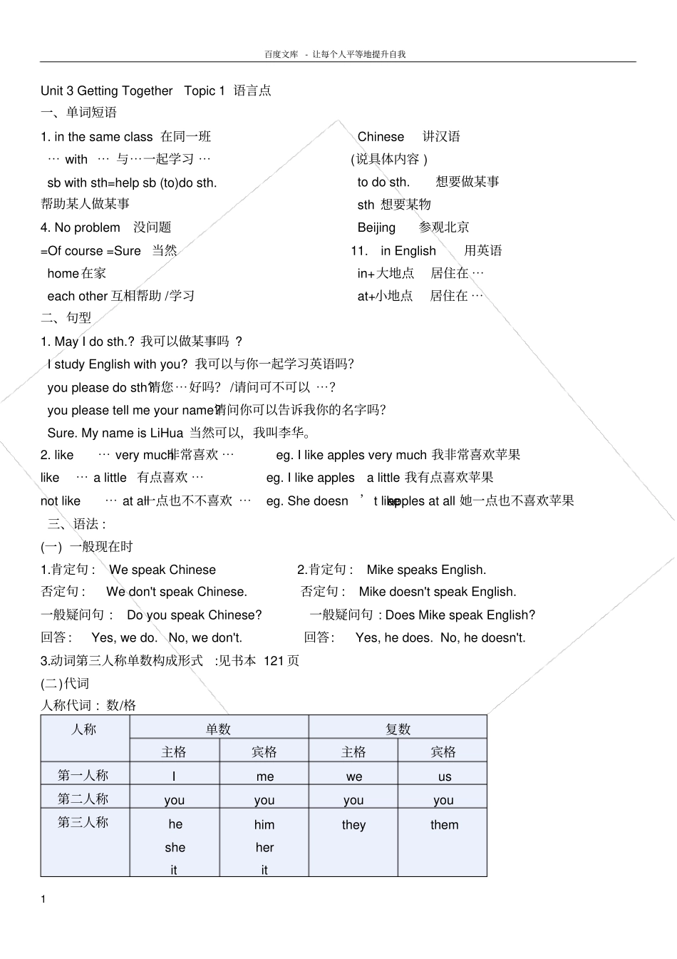 仁爱版英语七年级上册Unit3知识点_第1页