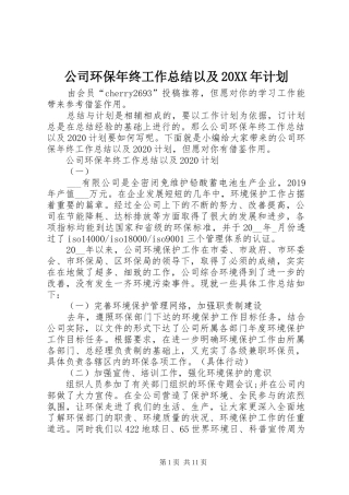 公司环保年终工作总结以及20XX年计划