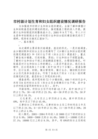 市村级计划生育和妇女组织建设情况调研报告 