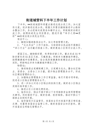 街道城管科下半年工作计划 