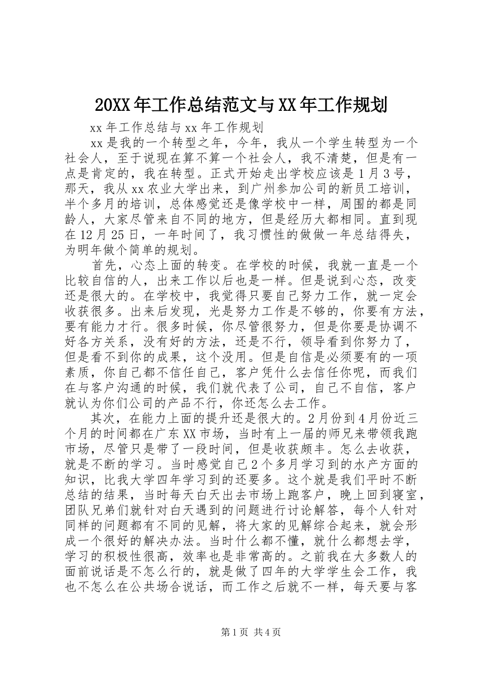 20XX年工作总结范文与XX年工作规划_第1页