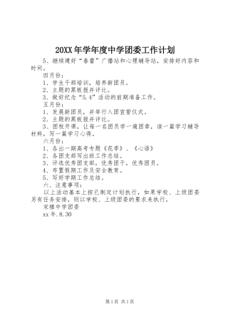 20XX年学年度中学团委工作计划
