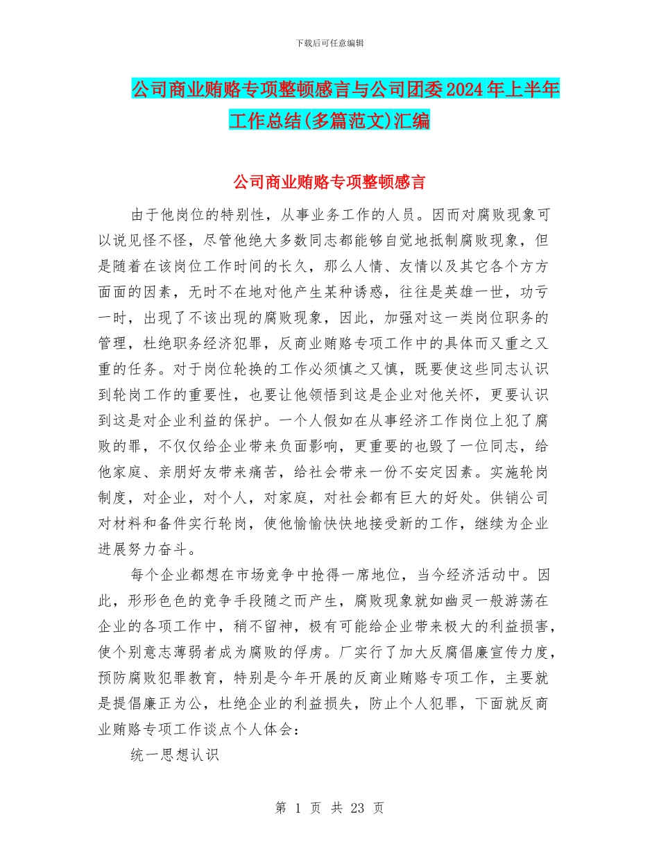 公司商业贿赂专项整顿感言与公司团委2024年上半年工作总结汇编_第1页