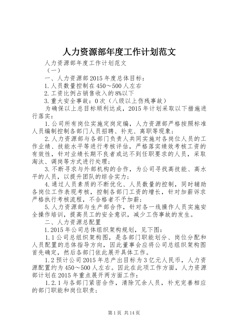 人力资源部年度工作计划范文 _第1页