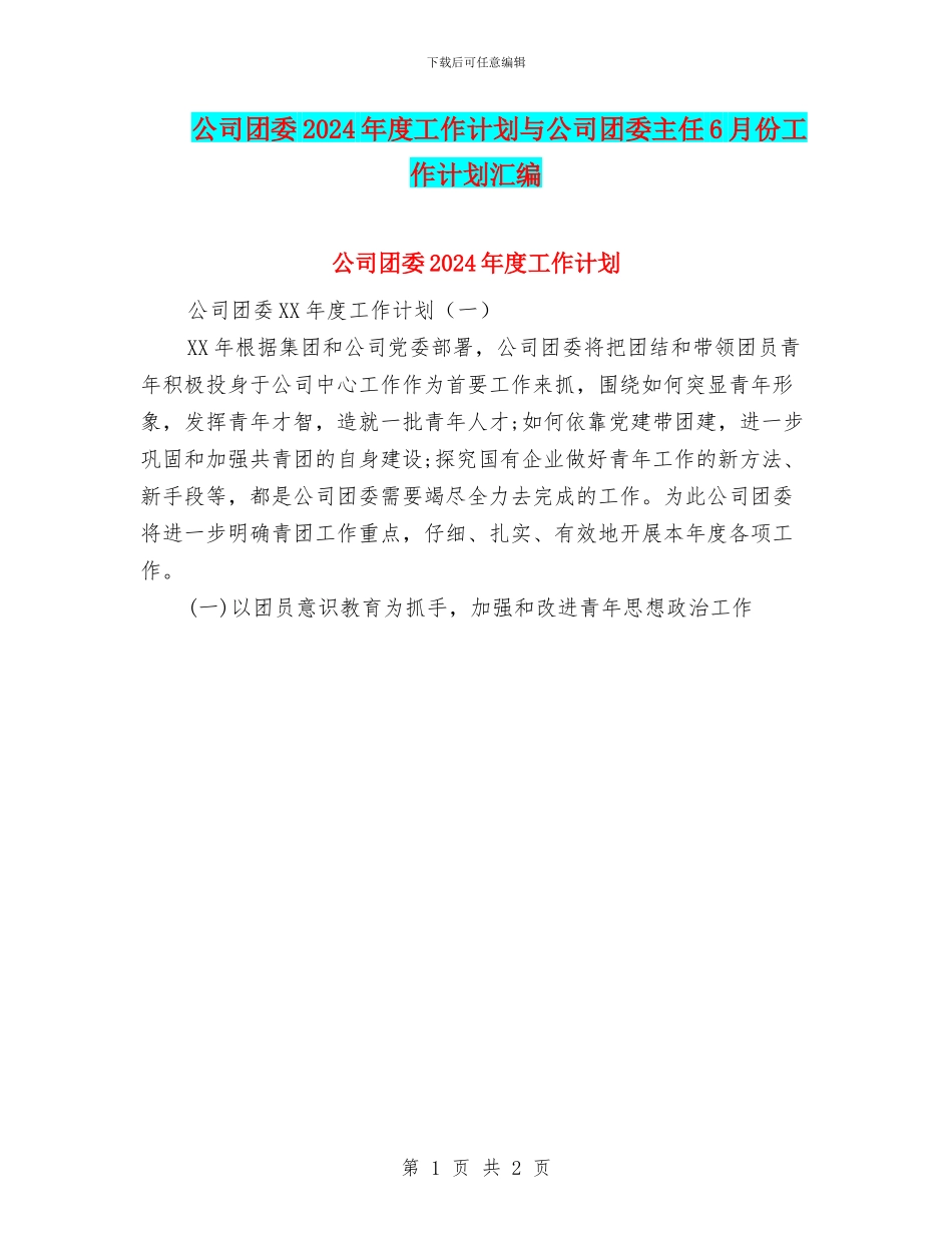 公司团委2024年度工作计划与公司团委主任6月份工作计划汇编_第1页