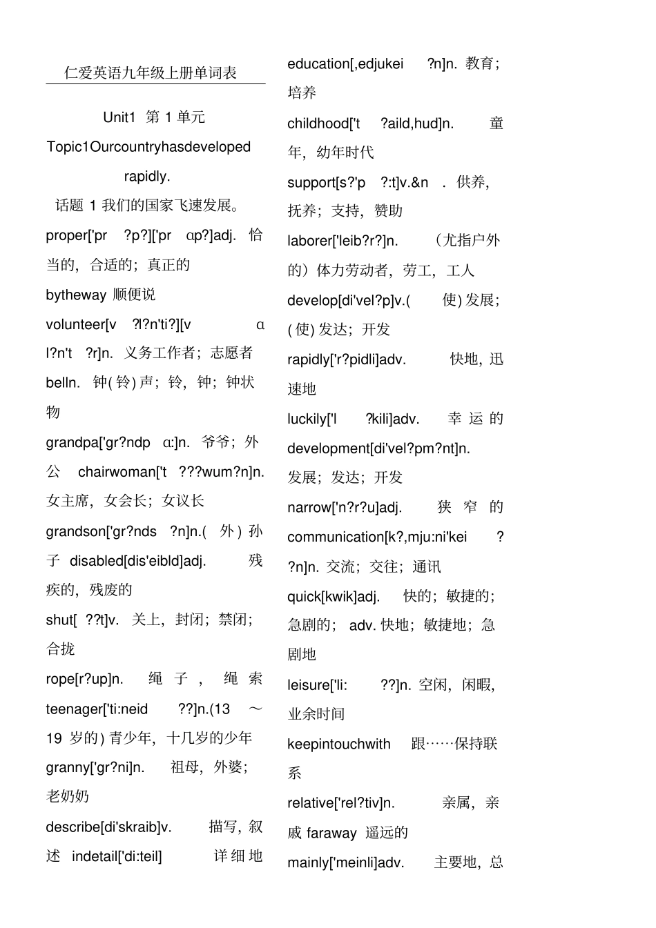 仁爱英语九年级上册带音标英汉单词表_第1页