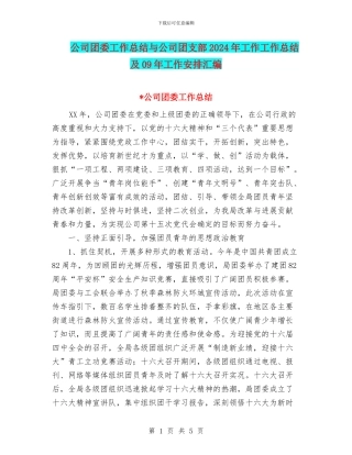 公司团委工作总结与公司团支部2024年工作工作总结及09年工作安排汇编