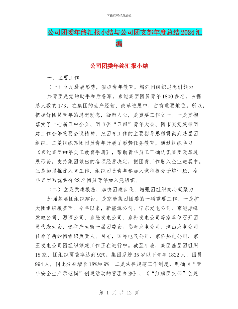 公司团委年终汇报小结与公司团支部年度总结2024汇编_第1页