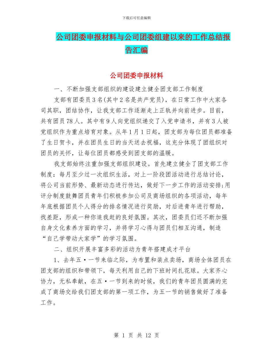 公司团委申报材料与公司团委组建以来的工作总结报告汇编_第1页
